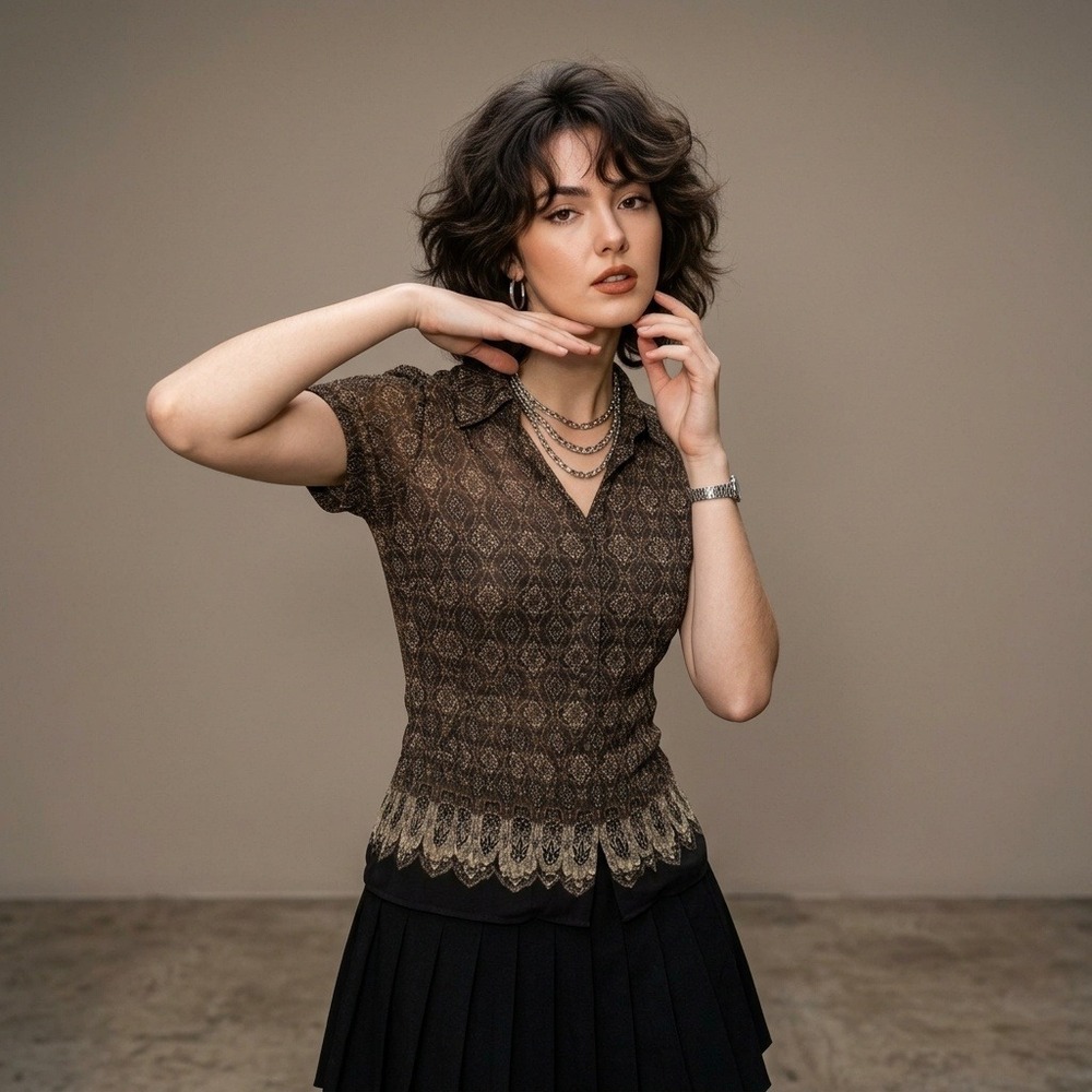 Apt 9 Womens Pleated Button Up Top Medium Whimsigoth Dark Academia Boho 90s Y2K
